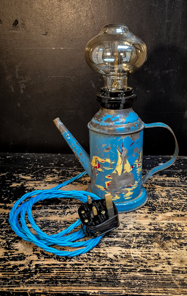 Vintage Tin Tea Pot Lamp - Sky Blue - Image 4